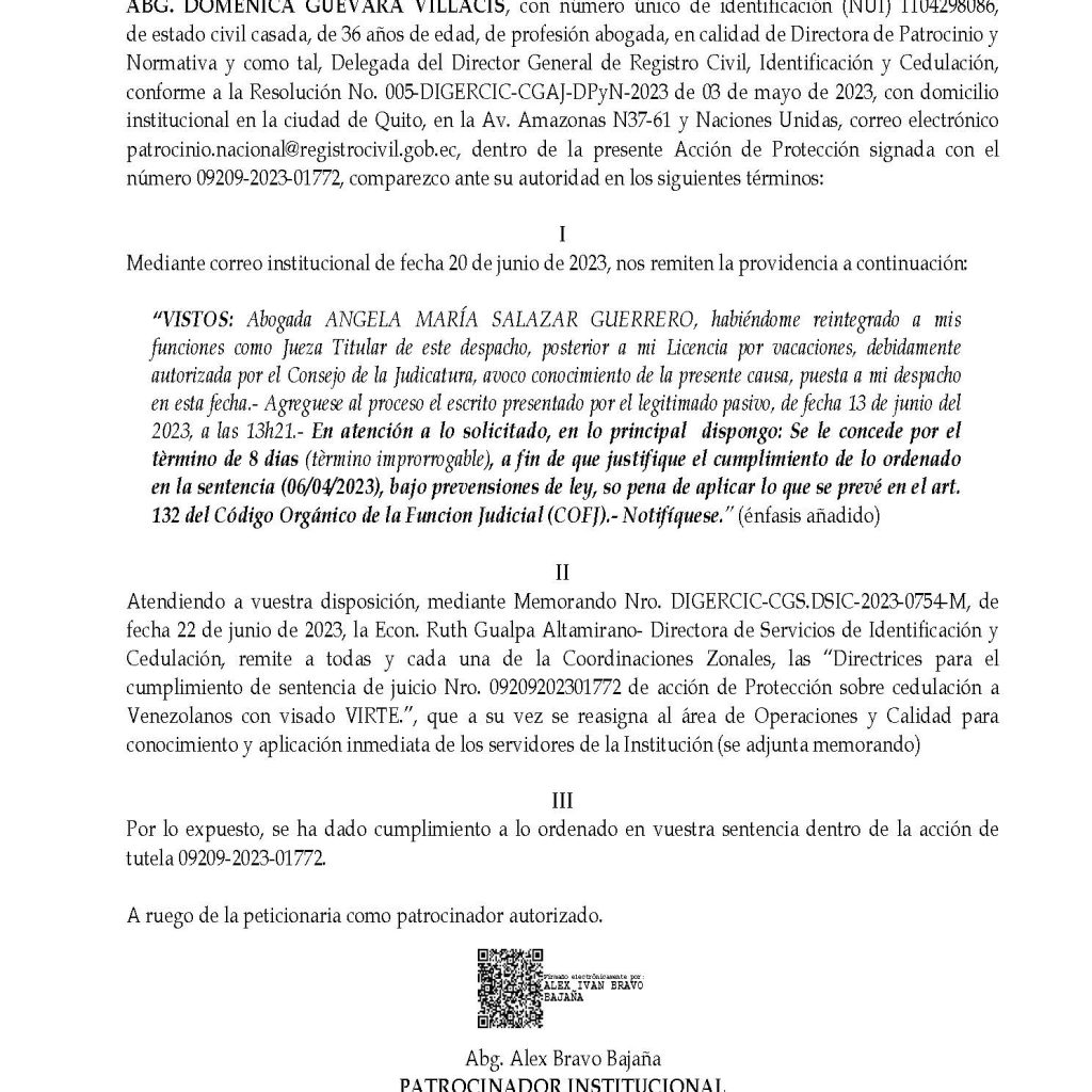 Memorando de Registro Civil Cumplimiento de Orden Judicial acción de protección para los ciudadanos venezolanos.